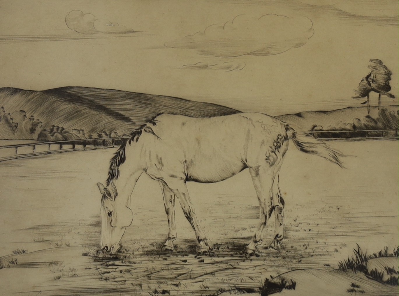 B. Rowland, three drypoint etchings, 'Holiday', 'Just an Idea' and 'Horse grazing', signed in pencil, largest 30 x 37cm